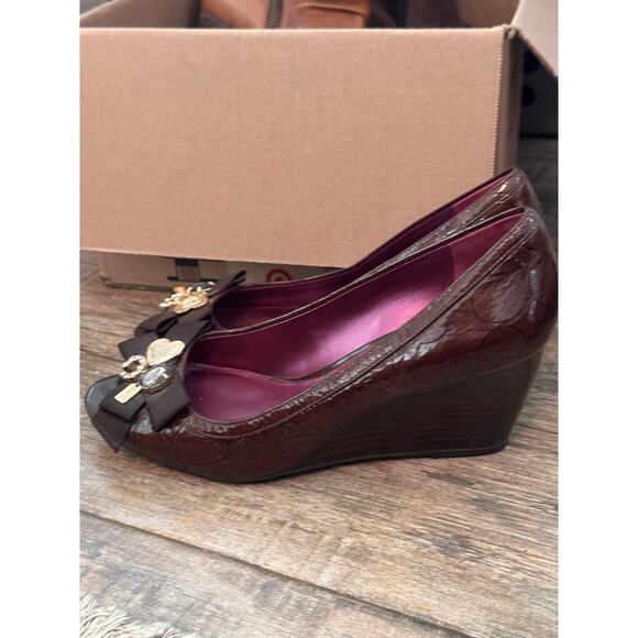 Coach Women's Brown Patent Leather JAYDEN PEEPTOE Wedge Pumps Heels Size 8 - Picture 11 of 13